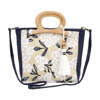 LVD Womens Blue/White Jute Woven Hampton Handbag W/ Strap 40x9x28cm