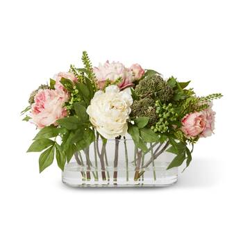 E Style Chloe Peony Mix Artificial Flower Arrangement Rectangle Glass Vase