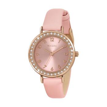 Tikkers Rose Gold Polyurethane PU Strap Girls Kids Watch Pink Stone