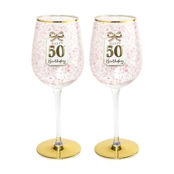 2PK LMD Pretty Bow Lace Birthday Celebration Wine Glass Design 400ml 50th