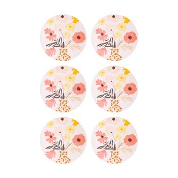 6PK Splosh Billie White Vase Ceramic Coaster Cork Back Pink Yellow 11x11cm