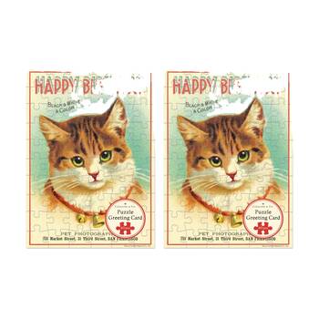 2x Cavallini Greeting Card Design 60pc Puzzle Vintage Cat Happy Birthday