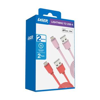 2pc Laser USB-A To MFi Certified Apple Lightning Cable Set 2m Red/Pink