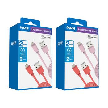 2x 2pc Laser USB-A To MFi Certified Apple Lightning Cable Set 2m Red/Pink