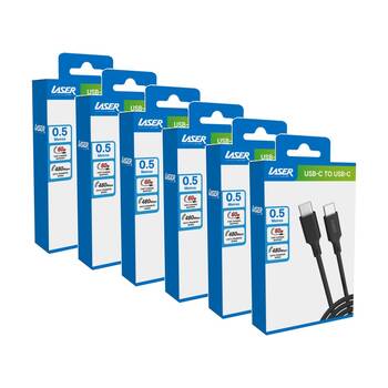 6PK Laser 60W USB-C to Fast Charging Compatible Cable 0.5m Black