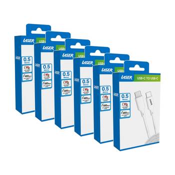 6PK Laser 60W USB-C to Fast Charging Compatible Cable 0.5m White