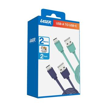 2pc Laser USB-C to USB-A Fast Device Charging Cable Set 2m Blue/Green