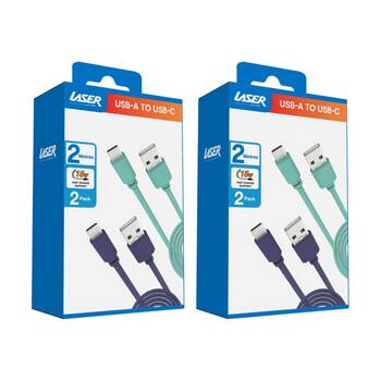 2x 2pc Laser USB-C to USB-A Fast Charging Cables Set 2m Blue/Green