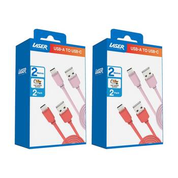 2x 2pc Laser USB-C to USB-A Fast Charging Cables Set 2m Pink/Red