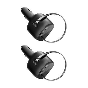 2PK Belkin BoostCharge 2-Port Car Charger W/ Retractable USB-C Cable 75W