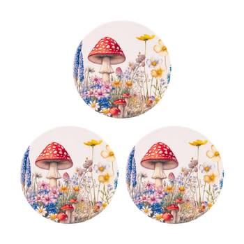 3PK Cottage Grove Mushrooms Ceramic Coaster Embossed Design Cork Backing