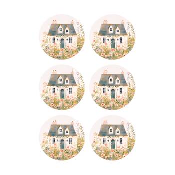 6PK Cottage Grove Light Ceramic Coaster Embossed Design Cork Back 11cm