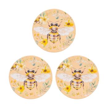 3PK Cottage Grove Bee Ceramic Coaster Embossed Design Cork Yellow 11cm