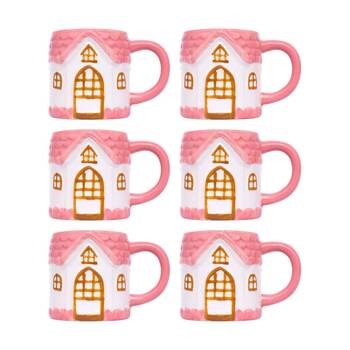 6PK Cottage Grove House Mug Hand Painted Ceramic Novelty Pink 380ml