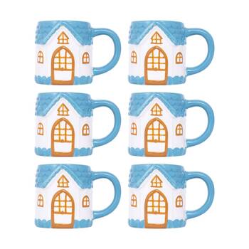 6PK Cottage Grove House Mug Hand Painted Ceramic Novelty Blue 380ml
