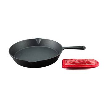 2pc G&S Cast Iron Pre-Seasoned Frypan With Mitt Durable Cookware Set 25cm