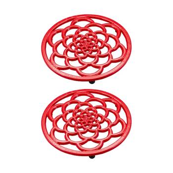 2PK G&S Cast Iron Enamelled Round Trivet Durable Heat Protector Red 18cm