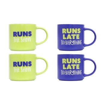 2x 2pc Cheeky Mugs Runs The Show Ceramic Mug Set Purple Green 390ml