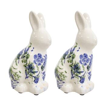 2PK LVD Rabbit Botanical Blue Ceramic Animal Statue Home Decor 20.5x13x9.5cm