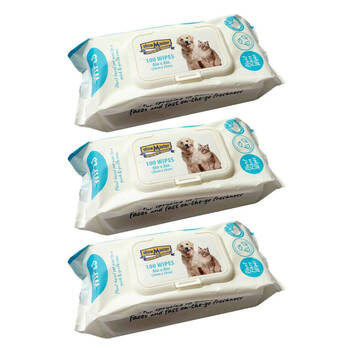 3x 100pc Showmaster Plant-Based Hypoallergenic Dog Cat Pet Wipes Coconut/Vanilla