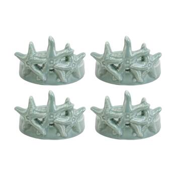 4PK LVD Green Ceramic Starfish Candle Holder Coastal Home Decor 10x10x6.5cm