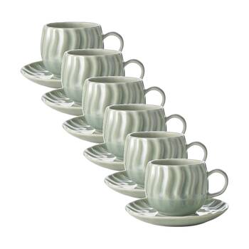 6x 2pc Ecology Ritual Rippled Porcelain Cup & Saucer Willow Green 230ml