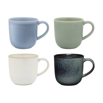 4pc Ecology Element Stoneware Coffee Mugs Green Blues & White 360ml