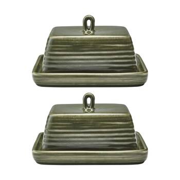 2PK Ecology Ottawa Stoneware Butter Dish Rustic Design Moss Green 15x10.5cm