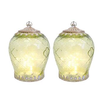 2PK LVD Extra Large LED Foil Lantern/Candle Holder Apple Green/Gold 16x16x20.5cm