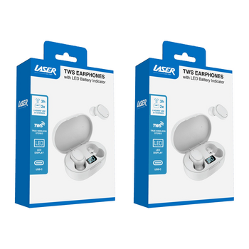 2PK Laser True Wireless In-Ear Earphones LED Display Bluetooth Stereo White