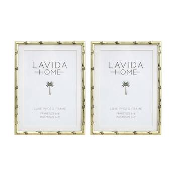 2PK LVD Luxe 6x8 Gold Bamboo Iron/ Glass Photo Frame Home Decor 20x15x1.5cm