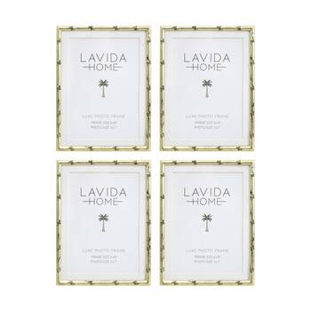 4PK LVD Luxe 6x8 Gold Bamboo Iron/ Glass Photo Frame Home Decor 20x15x1.5cm