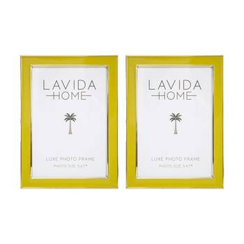 2PK LVD Mustard 5x7 Gold Trim Iron/ Glass Photo Frame Home Decor 19x14x1.5cm