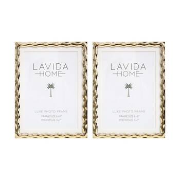 2PK LVD Luxe 6x8 Gold Wavy Iron/ Glass Photo Frame Home Decor 20.5x15.5x1.5cm
