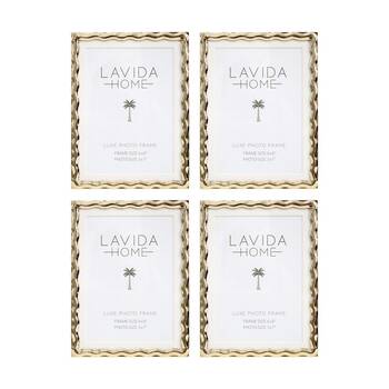 4PK LVD Luxe 6x8 Gold Wavy Iron/ Glass Photo Frame Home Decor 20.5x15.5x1.5cm