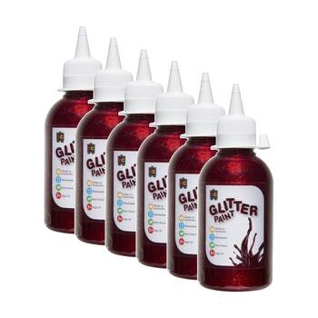 6PK Educational Colours Glitter Acrylic Junior Paint Red 250ml 3y+