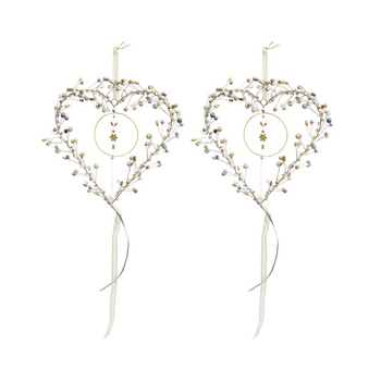 2PK LVD Handcrafted Champagne Beaded Wire Heart Hanging Decorative Ornament 17cm