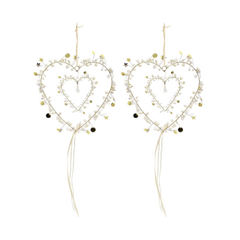 2PK LVD Handcrafted Ivory Gold Beaded Heart Hanging Decorative Ornament 17cm