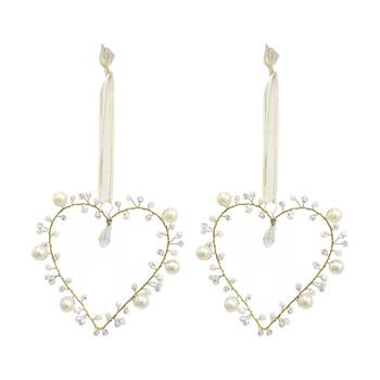 2PK LVD Handcrafted Petite Beaded Wire Heart Hanging Decorative Ornament Ivory