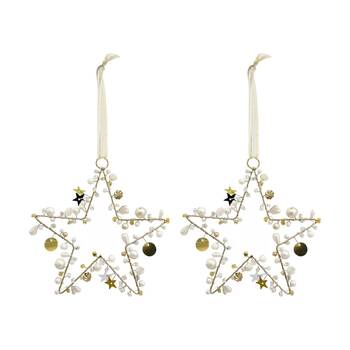 2PK LVD Handcrafted Beaded Wire Star Hanging Decorative Ornament Ivory Gold