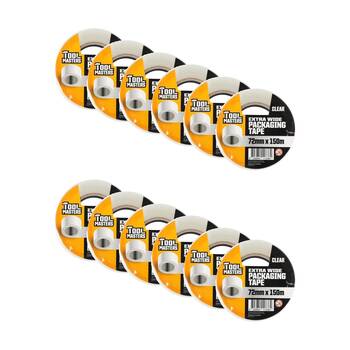 12PK Tool Masters Adhesive Extra Wide Packaging Tape Roll 72mm x 150m Clear