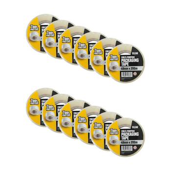 12PK Tool Masters Multi-Purpose Adhesive Packaging Tape Roll 48mm x 200m Clear