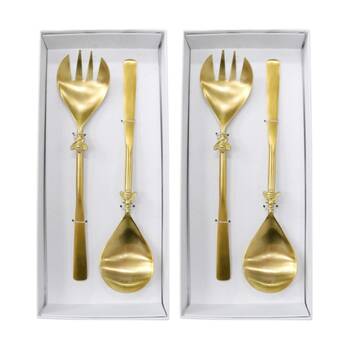 2x 2pc LVD Handcrafted Bee Motif Metal Salad Server Set 27cm Gold