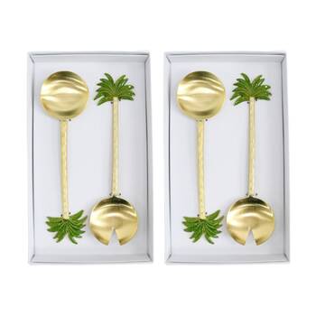 2x 2pc LVD Handcrafted Palm Metal Salad Server Set 28cm Gold/Green