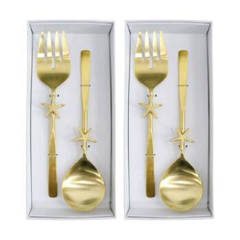 2x 2pc LVD Handcrafted Coastal Starfish Metal Salad Server Set 27cm Gold