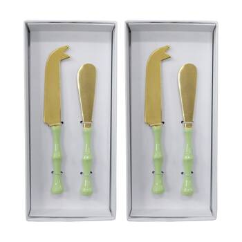 2x 2pc LVD Handcrafted Bamboo Cheese Knife & Spreader Cutlery Set Gold/Green
