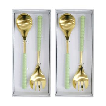 2x 2pc LVD Handcrafted Ceyladon Metal Salad Server Set 30cm Gold/Green
