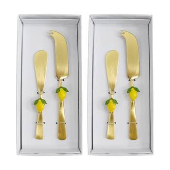 2x 2pc LVD Handcrafted Lemon Bamboo Cheese Knife & Spreader Set Multicoloured