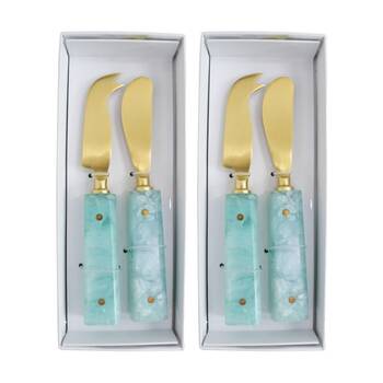 2x 2pc LVD Entertaining Mix Cheese Knife Marbleised Resin Cutlery Set Gold/Blue