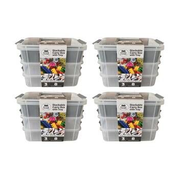 4PK Braz 3 Lay Stack Carry Storage Box W/ Clear Lid Tray 27.5x18x19.5cm